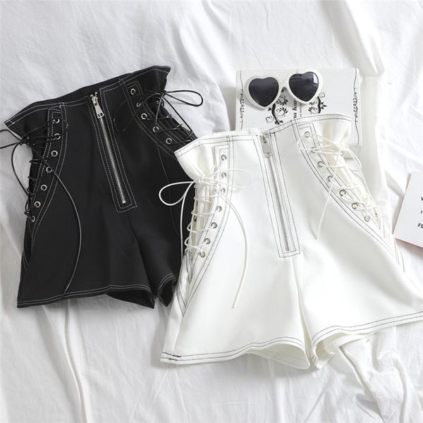 women's shorts gowyimmes spring and summer white strap women high waist big size girl wide leg streetwear pd704, White;black
women's shorts gowyimmes spring and summer white strap women high waist big size girl wide leg streetwear pd704, White;black