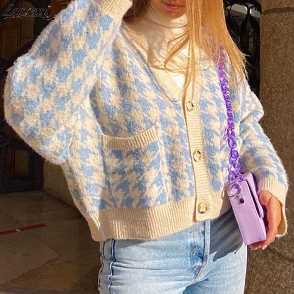 women's knits & tees luzuzi 2021 autumn winter houndstooth plaid print cardigan women v neck vintage knitted crop sweater casual loose, White
women's knits & tees luzuzi 2021 autumn winter houndstooth plaid print cardigan women v neck vintage knitted crop sweater casual loose, White