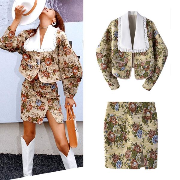two piece dress spring autumn woman skirts suits vintage retro floral print long lantern coat outwear and party clothing set ns983, White
two piece dress spring autumn woman skirts suits vintage retro floral print long lantern coat outwear and party clothing set ns983, White