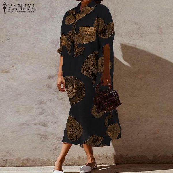 casual dresses zanzea 2021 retro printshirt dress women's autumn sundress long sleeve lapel midi vestidos female button robe oversized, Black;gray
