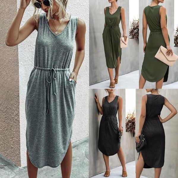 women solid sleeveless thin dress waist belt v-neck summer party sundress hsj88 casual dresses, Black;gray
women solid sleeveless thin dress waist belt v-neck summer party sundress hsj88 casual dresses, Black;gray