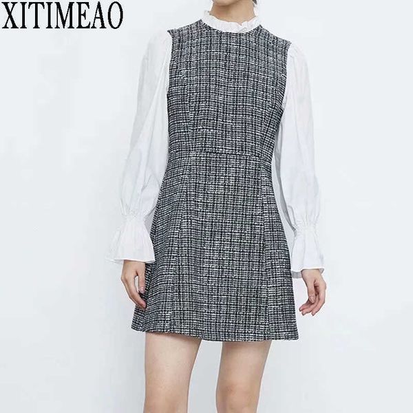 women sweet fashion patchwork check tweed mini dress vintage lantern sleeve back zipper female dresses 210602, Black;gray
women sweet fashion patchwork check tweed mini dress vintage lantern sleeve back zipper female dresses 210602, Black;gray