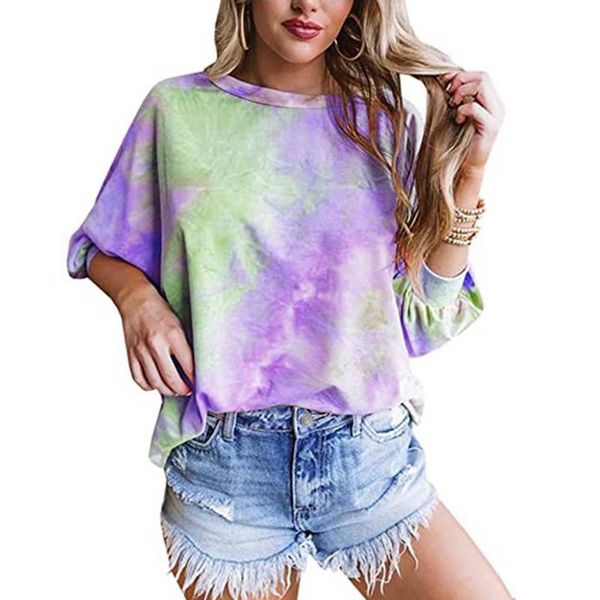 women's t-shirt three quarter sleeve women casual loose o neck tie dye streetwear t shirt summer mid length ladies tee shirts, White
women's t-shirt three quarter sleeve women casual loose o neck tie dye streetwear t shirt summer mid length ladies tee shirts, White