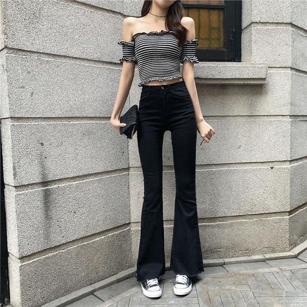 streetwear high waist micro flared womens pant jeans spring summer slim long denim pants for women, Black;white
streetwear high waist micro flared womens pant jeans spring summer slim long denim pants for women, Black;white