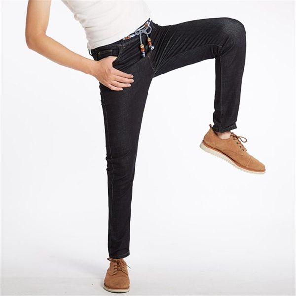 men's jeans plus-size stretch tight waist fat pants men's wear lace-up, Blue
