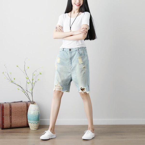 women vintage bleached holes ripped denim pants knee length trousers distressed elastic waist jeans female light summer women's, Blue
women vintage bleached holes ripped denim pants knee length trousers distressed elastic waist jeans female light summer women's, Blue