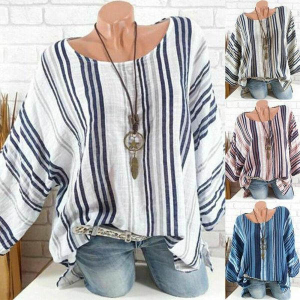 women's blouses & shirts plus size boho autumn long sleeve striped loose womens 3/4 0 neck blouse shirt, White 
women's blouses & shirts plus size boho autumn long sleeve striped loose womens 3/4 0 neck blouse shirt, White