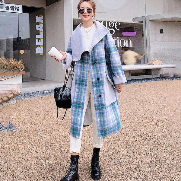 women's wool & blends winter woolen jacket long blue plaid stitching fashion retro casual ladies cloak single breasted lapel coat femal, Black
women's wool & blends winter woolen jacket long blue plaid stitching fashion retro casual ladies cloak single breasted lapel coat femal, Black