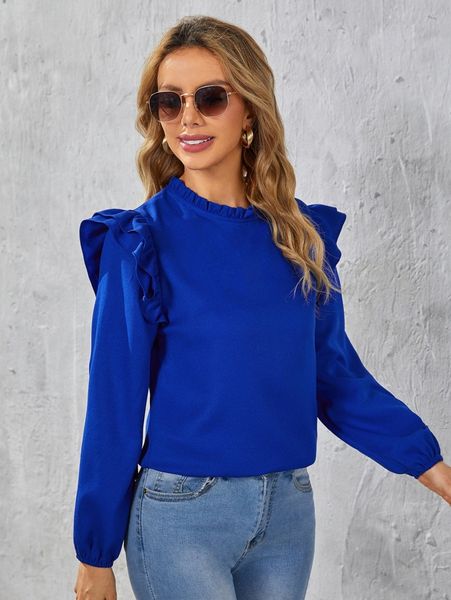 ruffle trim bishop sleeve blouse y6vl#, White 
ruffle trim bishop sleeve blouse y6vl#, White
