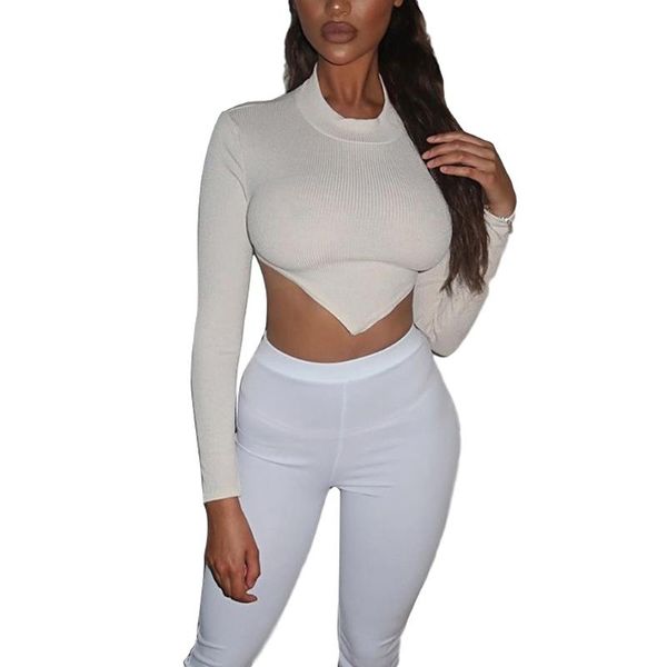 women's t-shirt women solid color knitted round neck long sleeve backless bandage irregular hem cropped tee ladies streetwear s//l, White
women's t-shirt women solid color knitted round neck long sleeve backless bandage irregular hem cropped tee ladies streetwear s//l, White