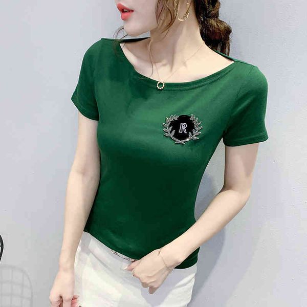 women's t-shirt summer korean clothes fashion slash neck diamonds women short sleeve cotton slim all match tees 2021 t04001 8, White
women's t-shirt summer korean clothes fashion slash neck diamonds women short sleeve cotton slim all match tees 2021 t04001 8, White