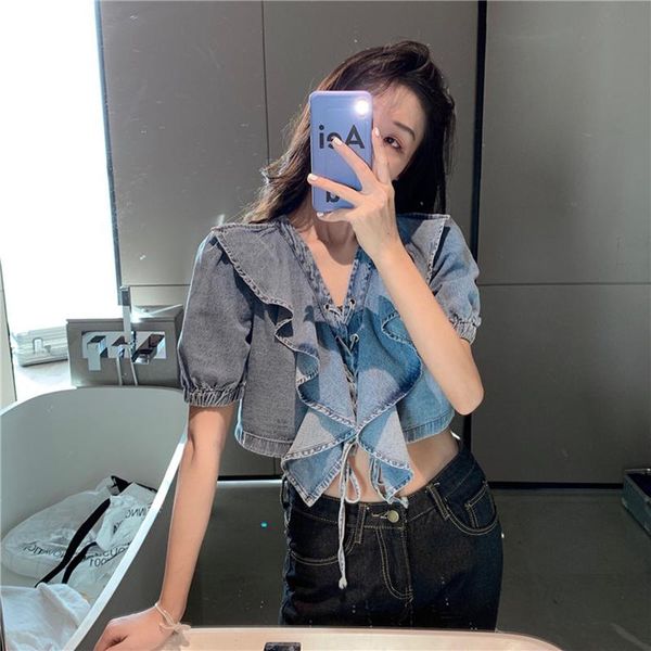 women's blouses & shirts denim shirt 2021 summer korean-style short jeans v-neck ruffled drawstring strap fashion blouse, White
women's blouses & shirts denim shirt 2021 summer korean-style short jeans v-neck ruffled drawstring strap fashion blouse, White
