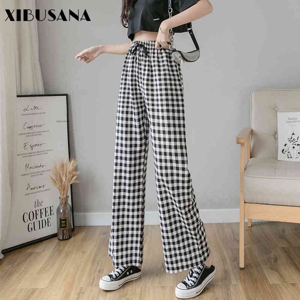women black white plaid wide leg pants spring autumn high waist drawstring straight pantalons female loose long trousers 210423
women black white plaid wide leg pants spring autumn high waist drawstring straight pantalons female loose long trousers 210423