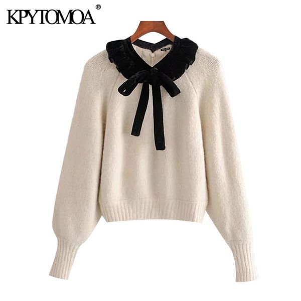 women sweet fashion patchwork ruffle knitted sweater bow tied lantern sleeve female pullovers chic 210420, White;black
women sweet fashion patchwork ruffle knitted sweater bow tied lantern sleeve female pullovers chic 210420, White;black