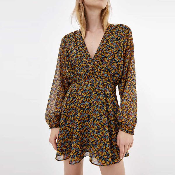 za long sleeve floral print short dress women v neck surplice elegant office dresses woman fashion elastic waist mini dress 210602, Black;gray
za long sleeve floral print short dress women v neck surplice elegant office dresses woman fashion elastic waist mini dress 210602, Black;gray