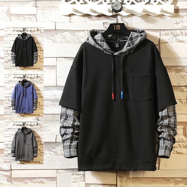 men's fake two-piece hooded autumn fashion lattice color matching loose casual sweater coat men, Black
men's fake two-piece hooded autumn fashion lattice color matching loose casual sweater coat men, Black
