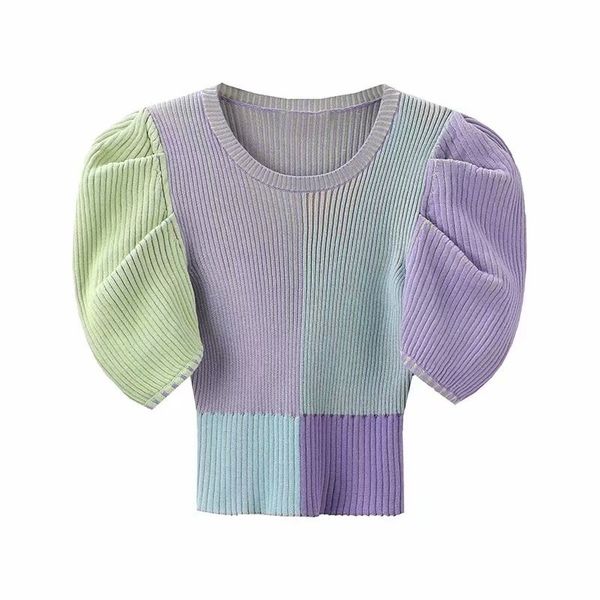 women sweater puff sleeve color matching short knitting irregular vintage 210430, White;black
women sweater puff sleeve color matching short knitting irregular vintage 210430, White;black