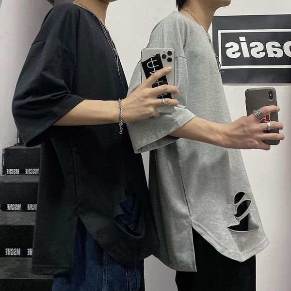side slit ripped hole punk hip hop harajuku oversized t shirt short sleeve summer men japanese streetwear 2021 fashion woman men's t-sh, White;black
side slit ripped hole punk hip hop harajuku oversized t shirt short sleeve summer men japanese streetwear 2021 fashion woman men's t-sh, White;black