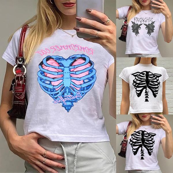 women's t-shirt women\u2021s causal short sleeve personality printing round neck exposed navel, White
women's t-shirt women\u2021s causal short sleeve personality printing round neck exposed navel, White