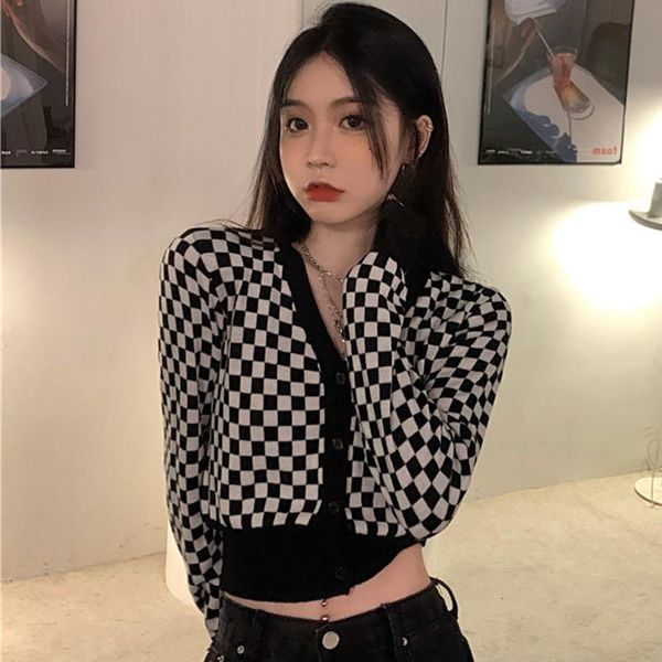women's knits & tees seeslim vintage black plaid knit sweater women v-neck long sleeve crop checkerboard y2k ladies cardigan autum, White
women's knits & tees seeslim vintage black plaid knit sweater women v-neck long sleeve crop checkerboard y2k ladies cardigan autum, White