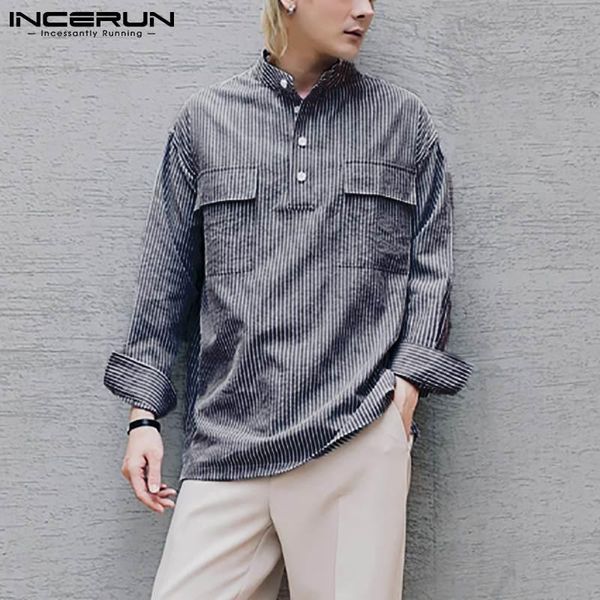 men striped shirt stand collar loose streetwear long sleeve casual pockets 2021 fashion thin shirts camisas 5xl incerun men's, White;black
men striped shirt stand collar loose streetwear long sleeve casual pockets 2021 fashion thin shirts camisas 5xl incerun men's, White;black