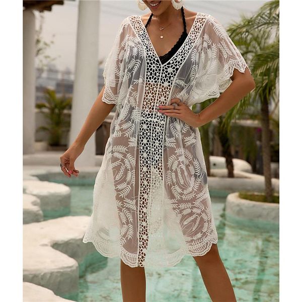 women's swimwear hollow out beach dress short sleeve sheer crochet swimsuit cover up, White;black
women's swimwear hollow out beach dress short sleeve sheer crochet swimsuit cover up, White;black