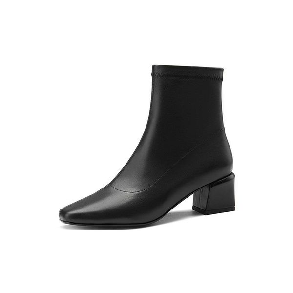 boots leather square head middle heel side zipper bootie simple thick women's bare leg repair elastic shoes, Black
boots leather square head middle heel side zipper bootie simple thick women's bare leg repair elastic shoes, Black