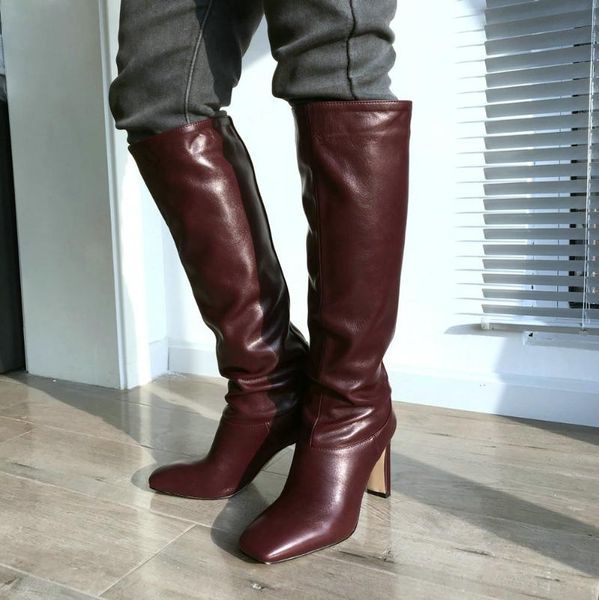 band designer faux leather women knee high boots square toe long thin block heel black beige yellow green
band designer faux leather women knee high boots square toe long thin block heel black beige yellow green