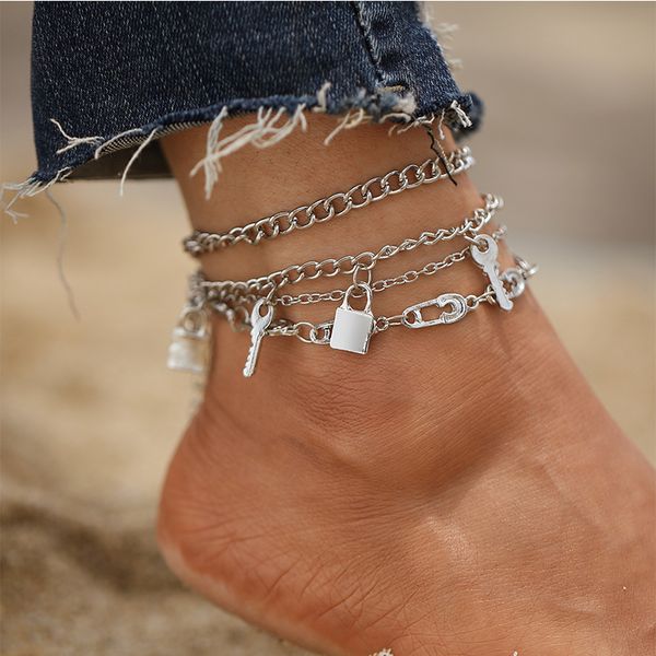 key lock pendant multi-layer anklet creative personality punk style silver metal chain anklet, Red;blue
key lock pendant multi-layer anklet creative personality punk style silver metal chain anklet, Red;blue