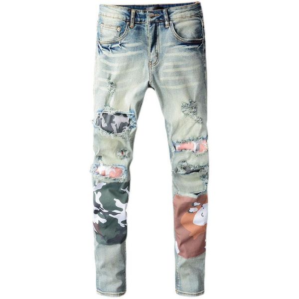 men's jeans high street tide brand light color patch destroy knife cut stretch slim pants denim trousers for men 686, Blue
men's jeans high street tide brand light color patch destroy knife cut stretch slim pants denim trousers for men 686, Blue