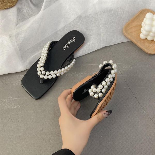 sandals and slippers women shoes 2021 summer spring fashion simple pearl flip-flops ladies, Black