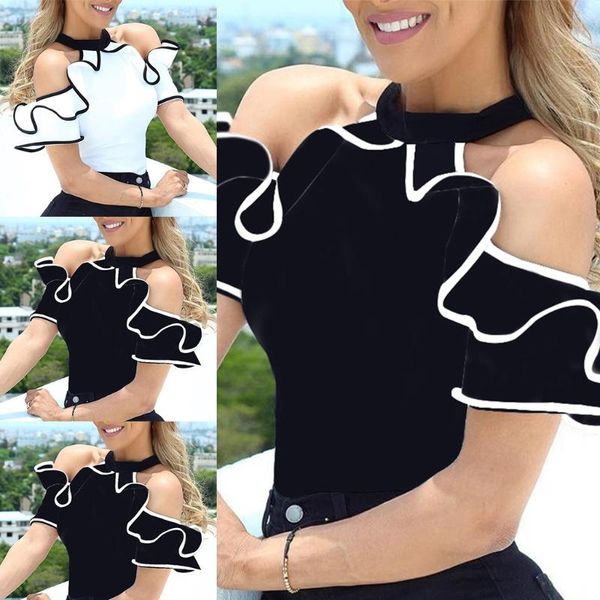 women's blouses & shirts cpdd women short sleeve halter cold shoulder contrast ruffles trim blouse, White
women's blouses & shirts cpdd women short sleeve halter cold shoulder contrast ruffles trim blouse, White