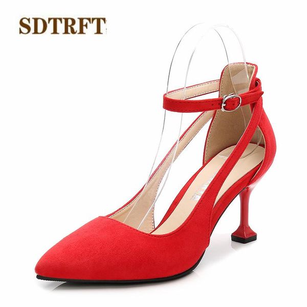 fashion stilettos 7cm thin heels wedding shoes woman pointed toe ankle strap buckle hollow out pumps plus:35-44 45 46 dress, Black