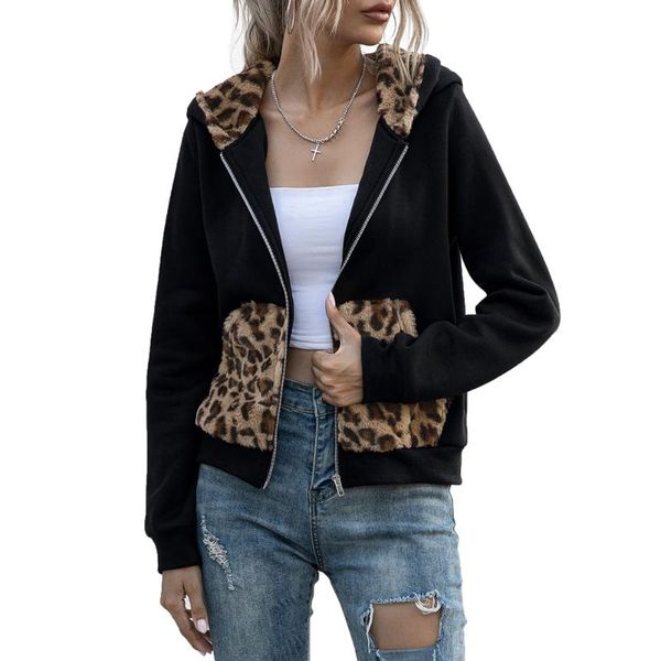 women double-faced fleece hooded jacket leopard stitching zipper closure autumn clothing women's jackets, Black;brown
women double-faced fleece hooded jacket leopard stitching zipper closure autumn clothing women's jackets, Black;brown