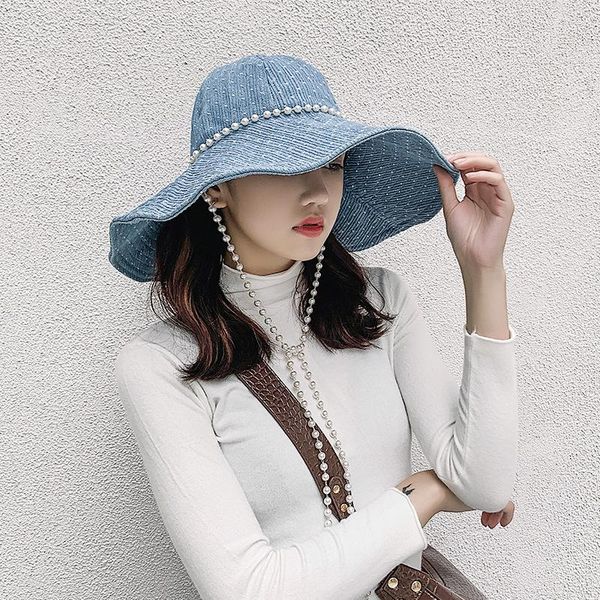 wide brim hats ins hat female summer big sunbonnet korean fashion pearl chain denim fisherman sun protection bucket gorros, Blue;gray
wide brim hats ins hat female summer big sunbonnet korean fashion pearl chain denim fisherman sun protection bucket gorros, Blue;gray