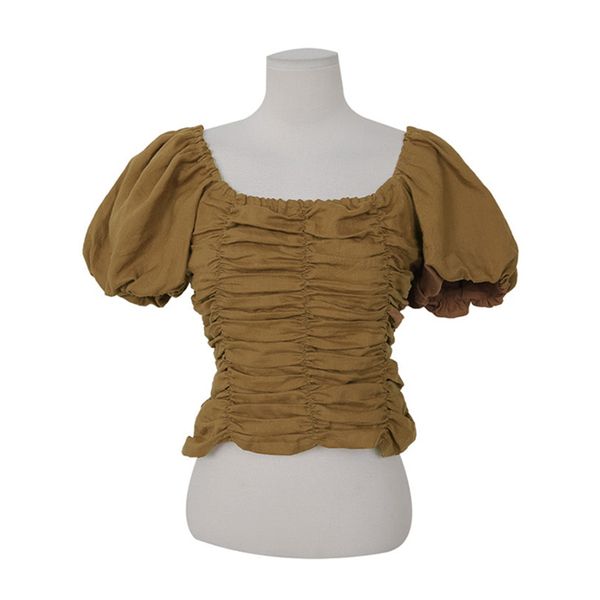 women white black khaki vintage square collar shirt puff short sleeve ruched blouse summer b0801 210514
women white black khaki vintage square collar shirt puff short sleeve ruched blouse summer b0801 210514