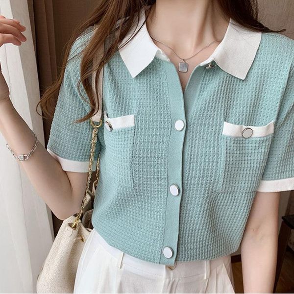 women's t-shirt details touching ice silk knitwear women 2021 summer loose-fitting short-sleeved mesh red lapel t shirt, White
women's t-shirt details touching ice silk knitwear women 2021 summer loose-fitting short-sleeved mesh red lapel t shirt, White