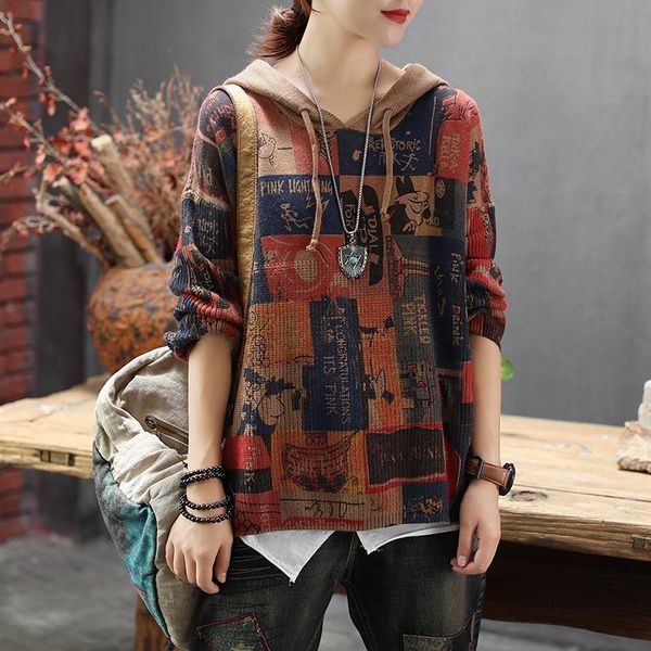 women's sweaters literature art retro long-sleeved hooded knitted sweater women fashion drawstring printed stitching female spring, White;black
women's sweaters literature art retro long-sleeved hooded knitted sweater women fashion drawstring printed stitching female spring, White;black