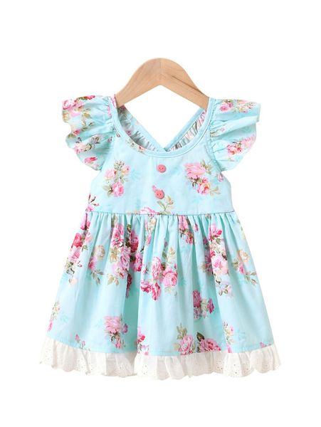 girl's dresses baby's dress, flower print flying sleeve ruffle hem dress for holiday birthday party vacation, Red;yellow