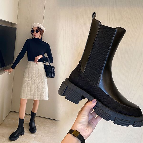 ins women ankle socks shoes boots natural leather 22-25.5cm cowhide stitching twill chelsea cyberstar fashion skinny boot 2 color, Black