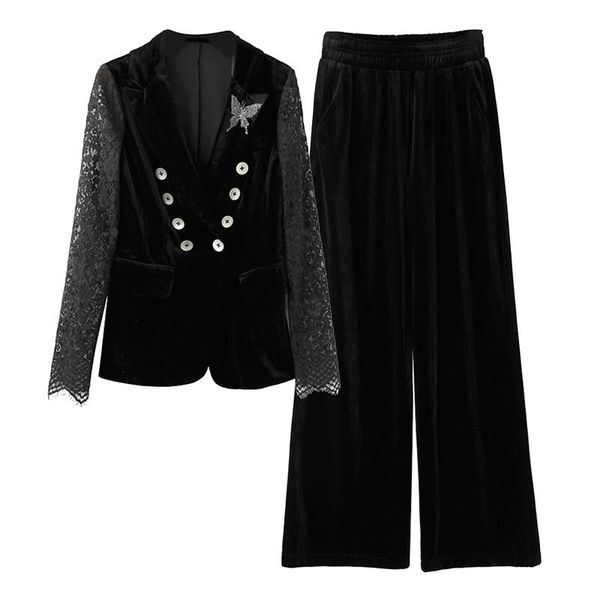 women's two piece pants elegant women suits lace stitching pleuche double-breasted blazer jacket & vintage 2 pieces-set ol style work, White
women's two piece pants elegant women suits lace stitching pleuche double-breasted blazer jacket & vintage 2 pieces-set ol style work, White