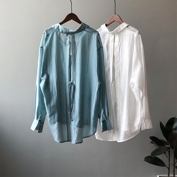 women's blouses & shirts summer fairy sunscreen tencel shirt solid color lapel backless loose blousers design long sleeve xbwt, White 
women's blouses & shirts summer fairy sunscreen tencel shirt solid color lapel backless loose blousers design long sleeve xbwt, White