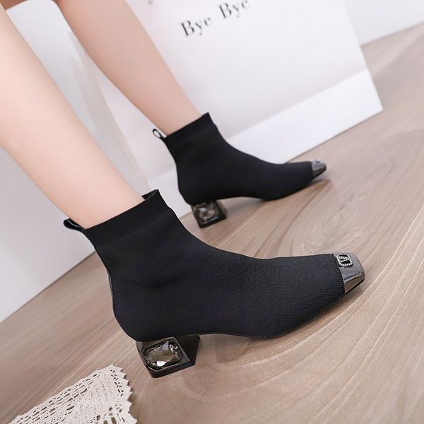 short boots children's square head net red thin thick heel socks middle knitted elastic women's, Black
short boots children's square head net red thin thick heel socks middle knitted elastic women's, Black