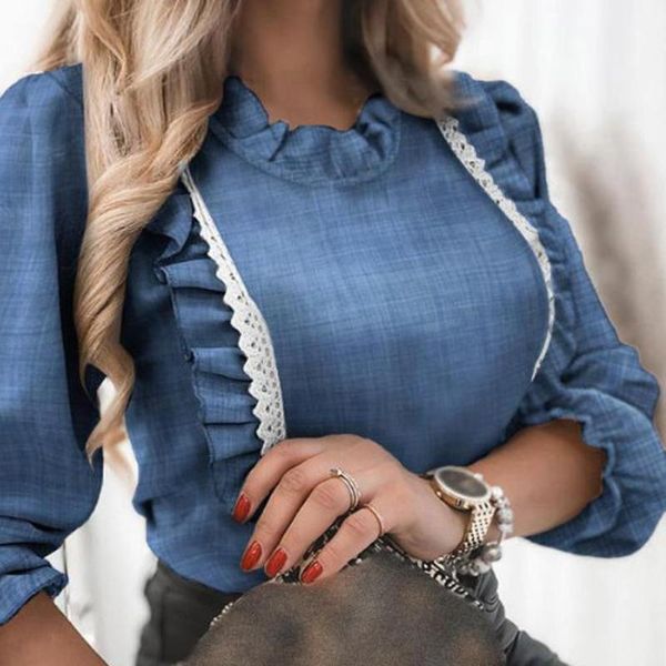 women's blouses & shirts elegant denim blue ruffle blouse shirt autumn winter long sleeve women spring office lady o-neck button blusa, White
women's blouses & shirts elegant denim blue ruffle blouse shirt autumn winter long sleeve women spring office lady o-neck button blusa, White