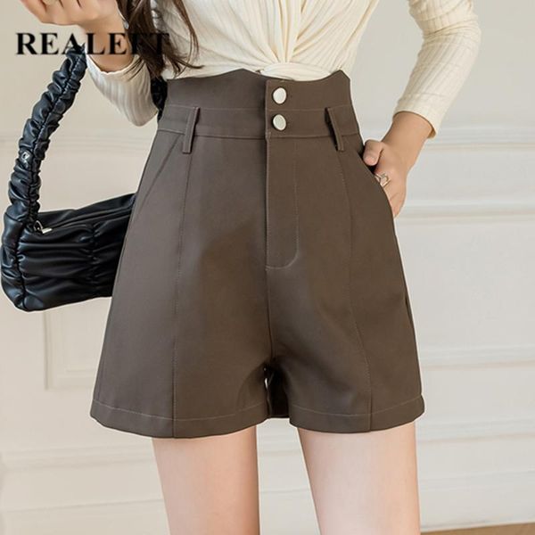 women's shorts realeft 2021 black pu faux leather autumn winter buttons high waist wide leg elegant female trousers, White;black
women's shorts realeft 2021 black pu faux leather autumn winter buttons high waist wide leg elegant female trousers, White;black