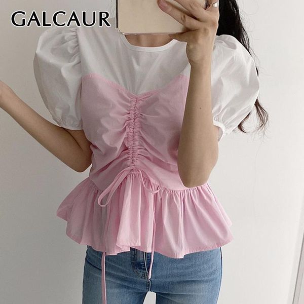 women's blouses & shirts galcaur patchwork hit color women o neck puff short sleeve drawstring lace up bow ruched tunic blouse female s, White
women's blouses & shirts galcaur patchwork hit color women o neck puff short sleeve drawstring lace up bow ruched tunic blouse female s, White