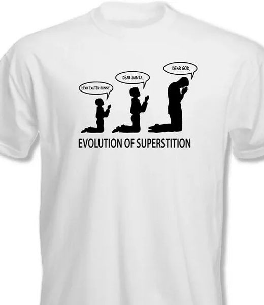 evolution of superstition t shirt tee santa easter god atheist anti religion, White;black
evolution of superstition t shirt tee santa easter god atheist anti religion, White;black