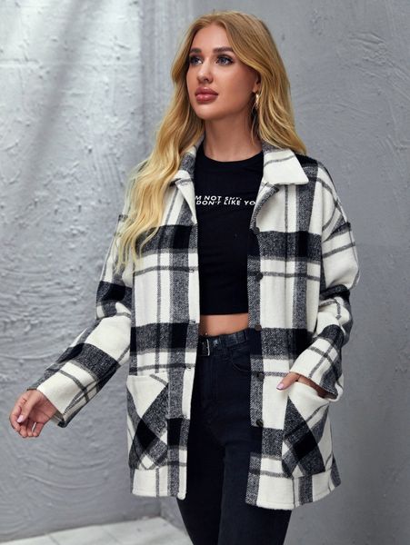drop shoulder patch pocket button placket plaid coat i5lm#, Black