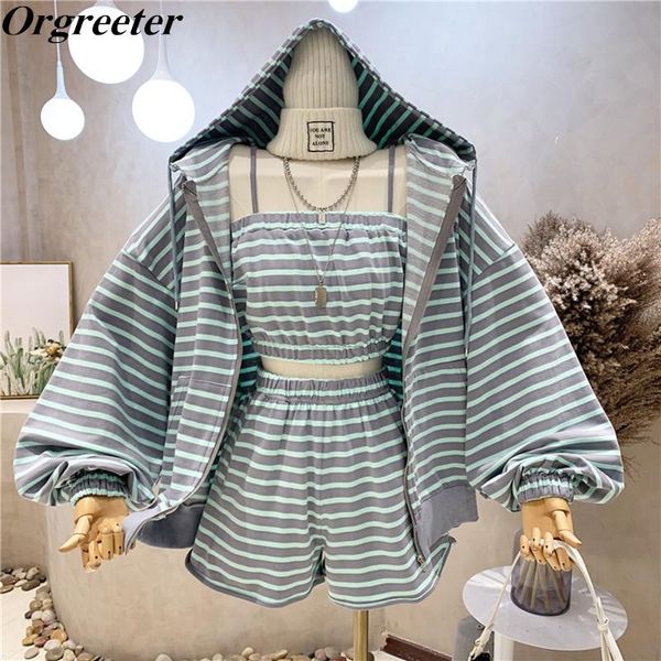 women's tracksuits striped tracksuit women autumn 2021 long-sleeved loose hooded cardigan + suspenders shorts sports leisure 3 piece se, Gray
women's tracksuits striped tracksuit women autumn 2021 long-sleeved loose hooded cardigan + suspenders shorts sports leisure 3 piece se, Gray