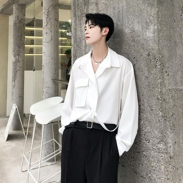 men's casual shirts autumn personalized ribbon design minority irregular shirt korean loose long sleeve hairdresser's clothing, White;black
men's casual shirts autumn personalized ribbon design minority irregular shirt korean loose long sleeve hairdresser's clothing, White;black
